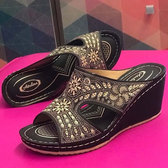 Restock! Italina Black Floral Rhinestone Peep Wedge Platform Sandal - Picture 12 of 12